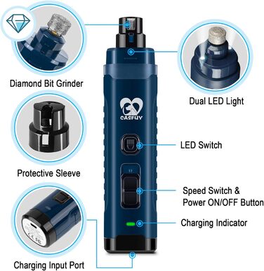 Електричний точило для собак Casfuy з LED-підсвічуванням, 4.8V, 2 швидкості, для середніх порід, тихе, перезаряджуване, navy