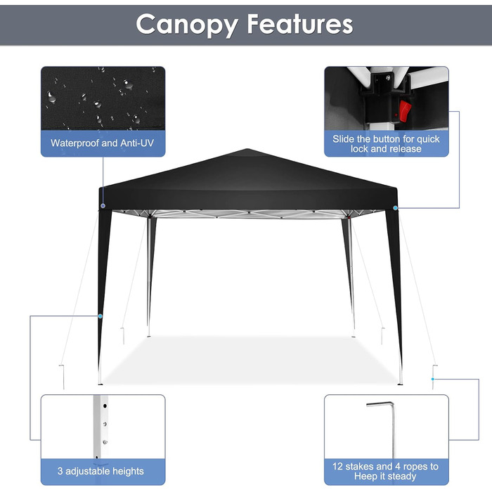 COBIZI Gazebo 3x3m Waterproof, Stable, Winter-Proof, Foldable Pop-up Gazebo Party Tent Garden Gazebo for Beach Wedding, with 4 Side Panels, UV Protection 50+, Adjustable Height, Black