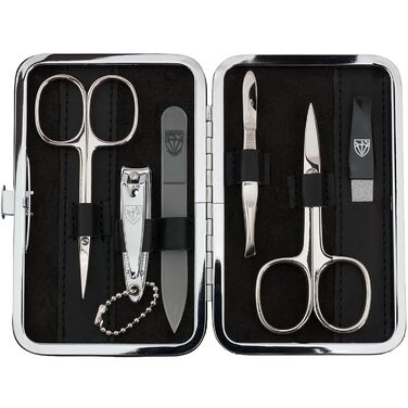 Набір для манікюру DREI SCHWERTER 'Genova' 6 предметів | Німецька якість | Чорний екошкіряний футляр | Манікюрний набір з ножицями, щипцями, пінцетом, скляною та сапфіровою пилочками