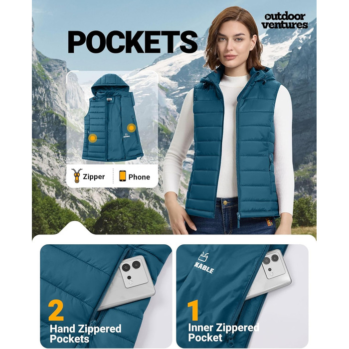 Стьобана жилетка Outdoor Ventures з капюшоном для жінок. Підходить для туризму, кемпінгу та їзди на велосипеді (Керамічно-блакитний, L)
