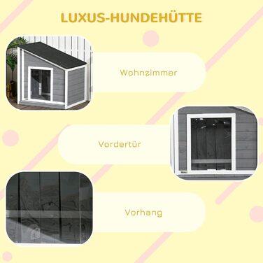 Дерев'яний вольєр для собак PawHut - Будинок для собак з відкриваючим дахом та шторкою на дверях, вулиця, стійкий до погодних умов, сірий, 71 x 58 x 53/77 см