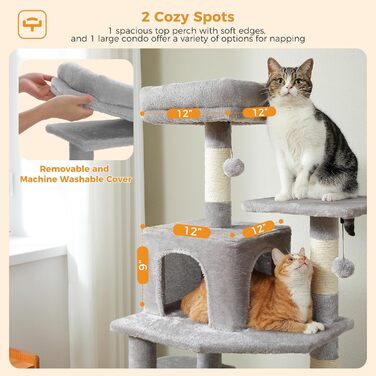 PAWZ Road Дряпка для котів велика, стабільна, 184 см, з гамаком, 7 стовпчиків для дряпання, велика полиця, кошик, для великих котів, сірий (M)