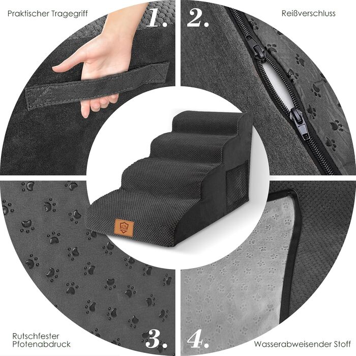 Dog stairs for small dogs, 4 steps pet stairs made of foam with a waterproof cover, detachable dog ramp cat stairs for sofa bed, send 1 lint roller (4-step black dog stairs)