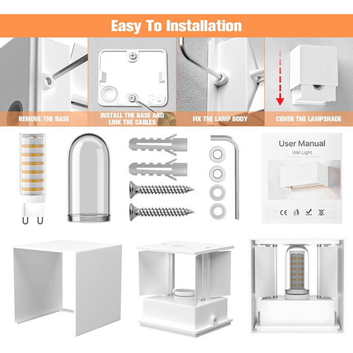 Настінне освітлення YrgePowk 2 шт. з LED лампою G9, зовнішнє та внутрішнє, IP65, регульований кут освітлення, чорний, 4 шт. (білий 6000K)