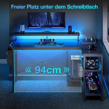 Ігровий стіл L-подібний Coleshome з LED-підсвічуванням та розетками, 120x80 см, з полицею, чорний, для офісу/робочого кабінету