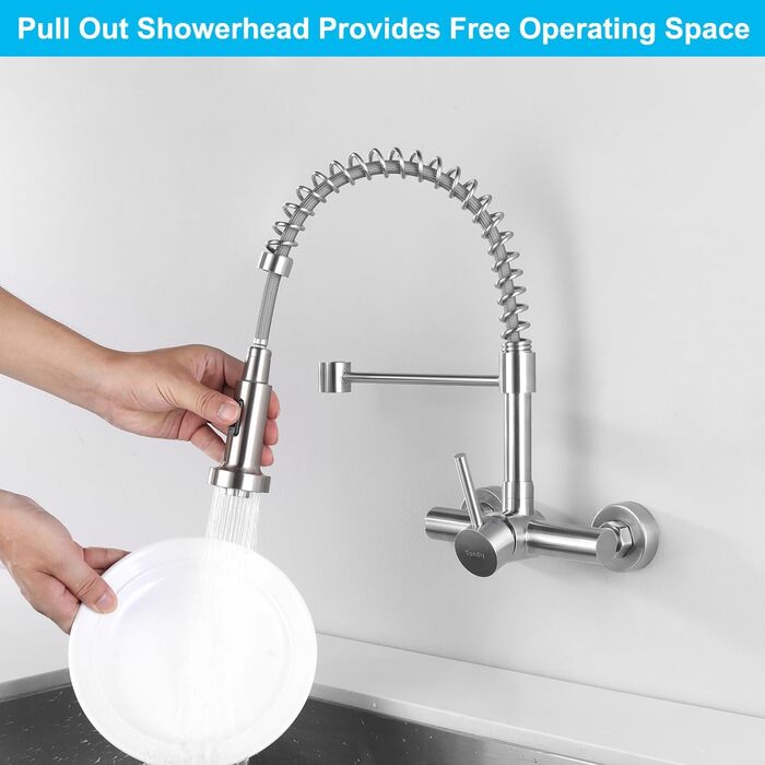 Змішувач кухонний настінний висувний з душем, поворотний 360°, з нержавіючої сталі, матовий, монтажне отвір 15 см