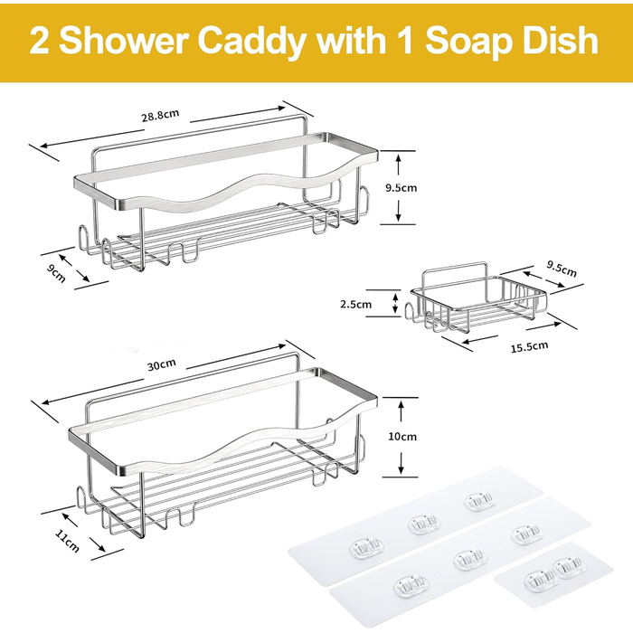 ALOCEO Shower Shelf - 3 Piece, Rustproof Shower Organizer, Shampoo Holder for Shower, Silver