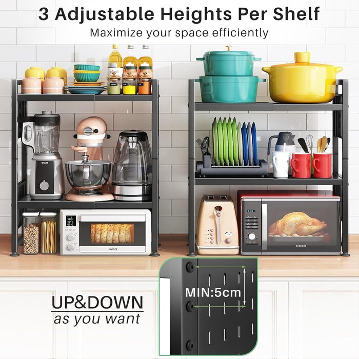 Стійка для мікрохвильової печі SAYZH, 2-рівнева розширювана, з 10 гачками, чорна