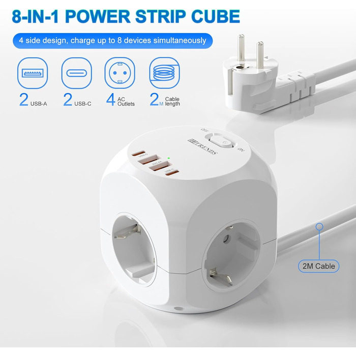 Блок розеток з USB-C, 4 розетки, плоский штекер, індивідуальне вмикання, багаторозетка-куб з 2м плетеним кабелем для офісу, дому, подорожей - білий 002-MF (4 розетки 2м)