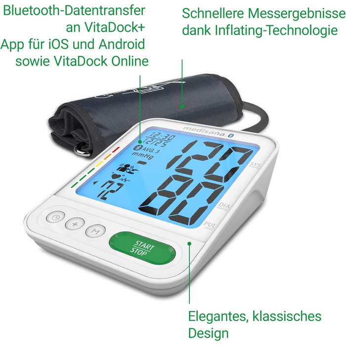 Тонометр Medisana BU 584 для вимірювання тиску на плечі, точний вимір тиску та пульсу, з додатком для аналізу та збереження даних, індикатор кольорами, виявлення та попередження про аритмію