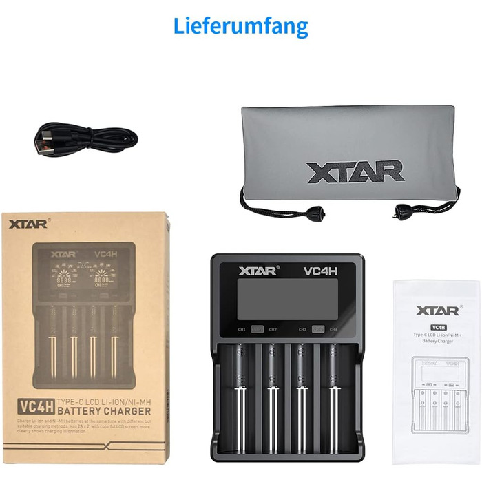 Зарядний пристрій XTAR VC4H для Li-ion/Ni-MH акумуляторів 18650/26650/AA/AAA з LCD дисплеєм та USB Type-C