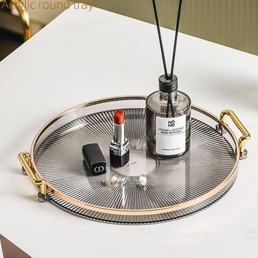 Round Serving Tray with Acrylic Handles, Golden Decorative Tray, Serving Tray for Coffee Table, Centerpiece, Kitchen, Large Metal Tray, Round Tray, Decorative Tray, Decorative Plate, Smoke Gray