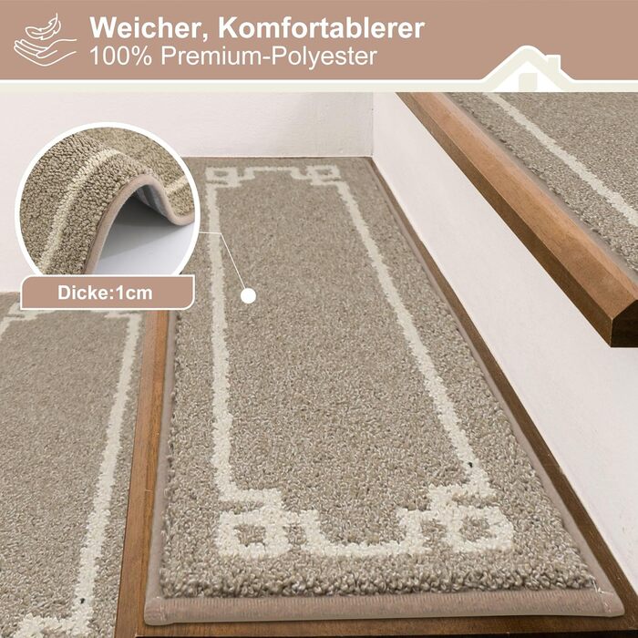 Килимочки на сходи BEQHAUSE, набір з 15 шт., самоклеючі, для дітей, літніх людей та домашніх тварин, 100% поліестер, TPE-підкладка, 22x70 см, бежевий