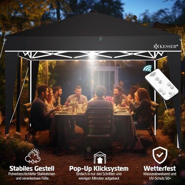 KESSER® Pavilion Folding Pavilion 3x3m with LED Lighting | Pop-Up Garden Pavilion Height Adjustable, Stable, Waterproof, Winter-Proof | Party Tent, Event Tent, UV Protection 50+ including Remote Control & Bag Black