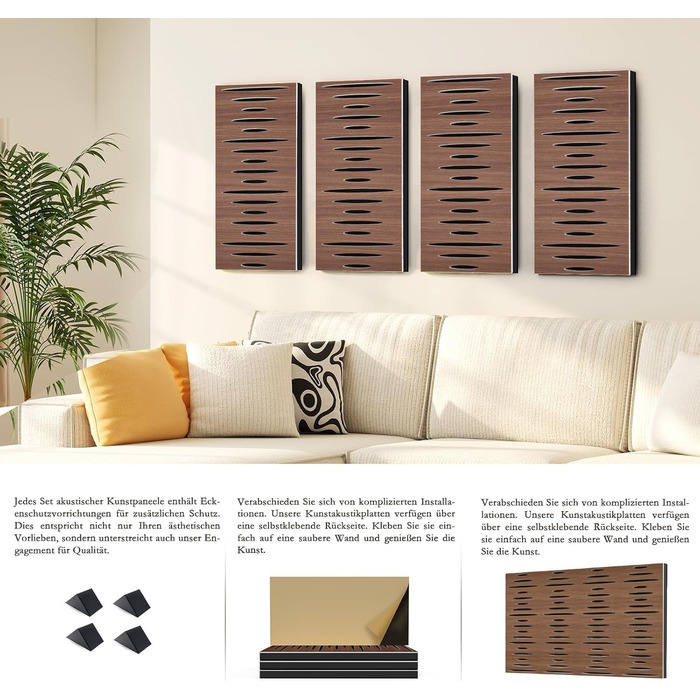 Акустичні панелі JBER для звукоізоляції стін, самоклеючі шумопоглинаючі плити з імітацією темного горіха (еліптичний візерунок), 60×30×4.5 см, 4 шт — для студії та дому