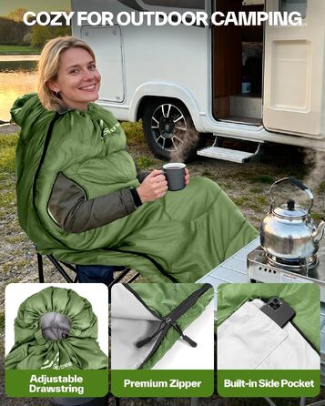 Спальний мішок Sportneer Outdoor для дорослих, теплий багатосезонний (3-4 сезони) для кемпінгу та подорожей, 220x85 см, зелений (температурний режим 10-26 °C)