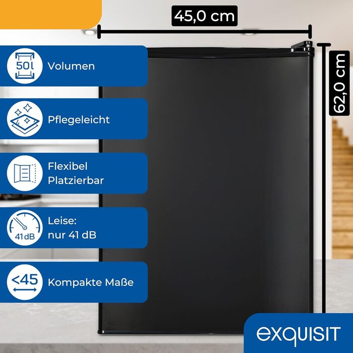 Exquisit KB560-V-091E: Міні-холодильник чорного кольору, 50 літрів, LED-підсвітка, регулювання температури, ширина 45 см