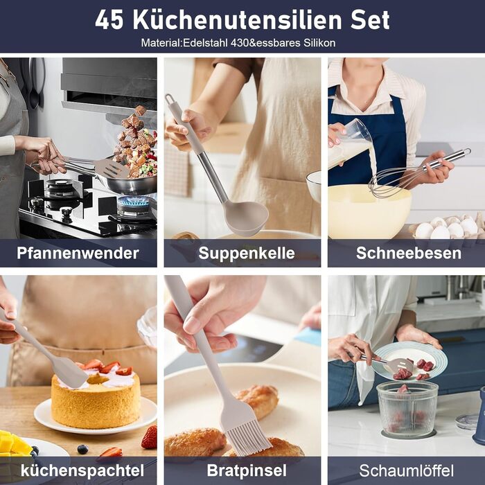 Набір кухонних аксесуарів 45 шт. з нержавіючої сталі: лопатки, ложки, скребки. Ідеальний для кухонного начиння та подарунків. (Хакі, 2)