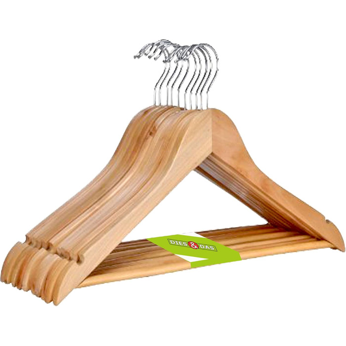 1-200 (10) pieces of DIES&DAS high-quality designer wooden clothes hangers with trouser bar, 360-degree rotating hook, trouser rod, and skirt hanging notches. Wardrobe hangers, wooden hangers, trouser hangers, trouser holders in a very beautiful design.