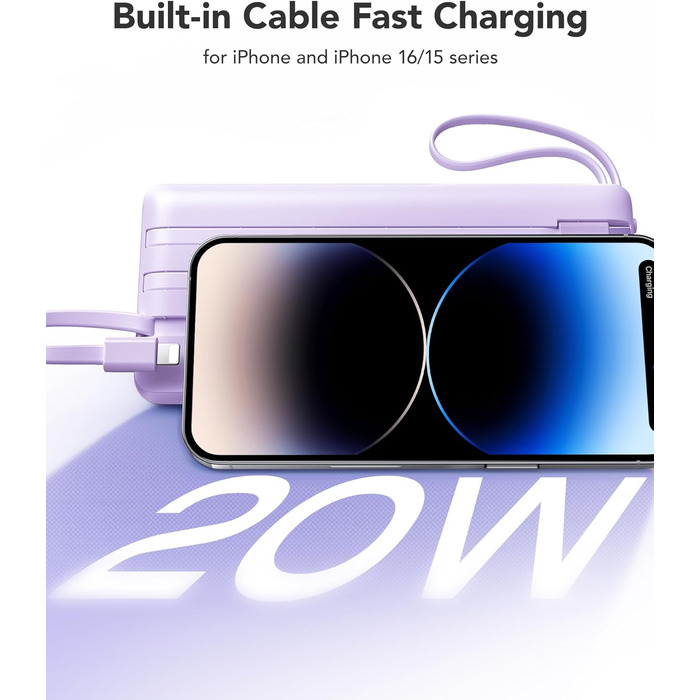 Power Bank VRURC 20000mAh з LED дисплеєм, 22,5W швидка зарядка USB-C, білий/фіолетовий