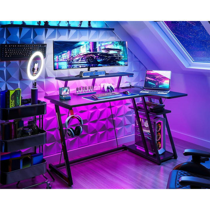 LED Gaming Desk with Power Outlets - L-Shaped PC Gaming Table with Monitor Stand & Storage - Carbon Fiber Black (120cm)