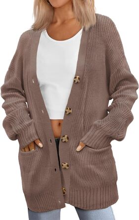 Жіночий в'язаний кардиган Zeagoo з довгим рукавом, вільний крій, V-подібний виріз, грубий в'язання, на кнопках, кавовий колір, розмір XL