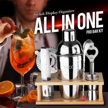 Набір бармена Mixology Barkeeper: шейкер для коктейлів, 8 предметів, з дерев'яною підставкою, аксесуари для приготування коктейлів (срібний)