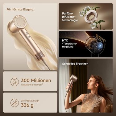 Фен DREAME Hair: Швидке сушіння, 110 000 обертів/хв, іонізація, регулювання температури та потужності, насадки, тиха робота, білий (золотий, Glory Mix)