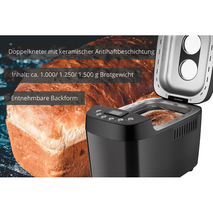 Unold 68525 BACKMEISTER Big Black: хлібопечка для 1.5 кг, 15 програм, без глютену, таймер, підігрів, LCD дисплей