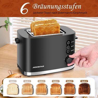 Тостер Aigostar Energy з 2 слотами для тостів, підставка для булочок, 6 рівнів підсмажування, функції відключення, розморожування та підігріву, знімний піддон для крихт, 800W, чорний
