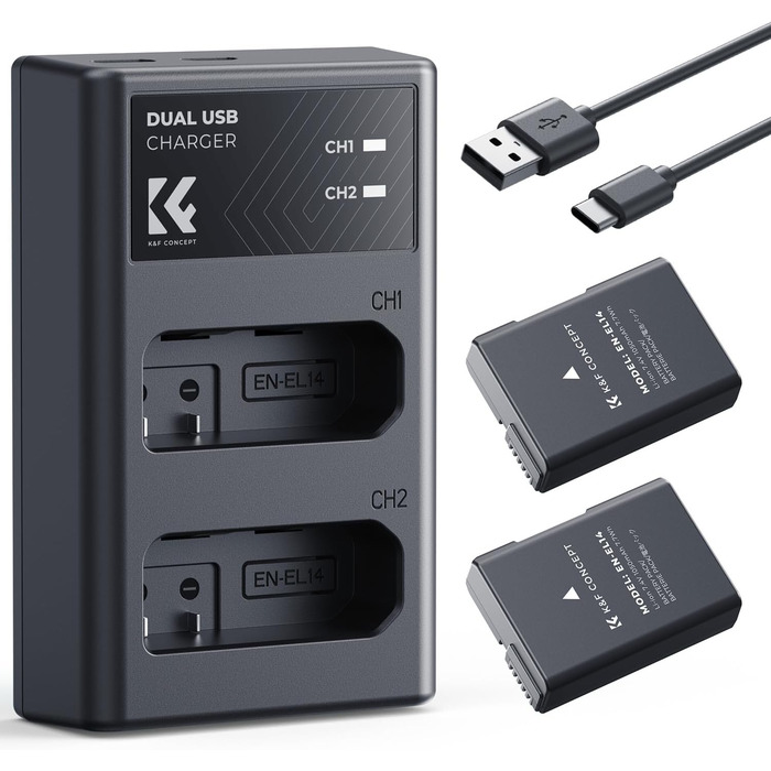 Акумулятор K&F CONCEPT EN-EL14 (2 шт.) та зарядний пристрій 2xUSB для Nikon D3500, D5600, D3200, D3300, D3400, D5500, Coolpix P7800, P7700, P7200, P7100, P7000