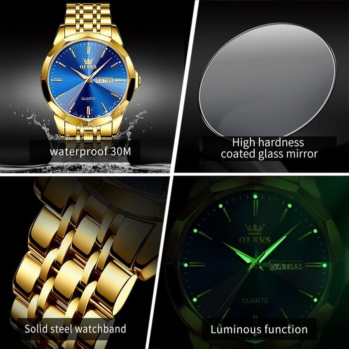 Годинник чоловічий OLEVS Automatik Skelett з автопідзаводом, механічний, люкс, з діамантами, сапфірове скло, вологостійкий, браслет з вольфрамової сталі, золотий/блакитний, 3615-gold/Blau