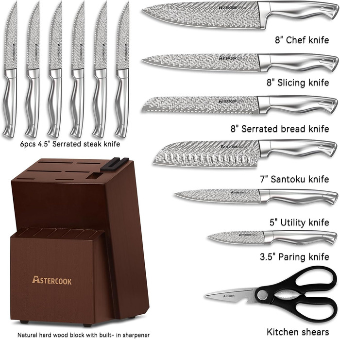 Astercook 15-Piece Kitchen Knife Set with Block - Stainless Steel, Sharpening Built-in, Dishwasher Safe