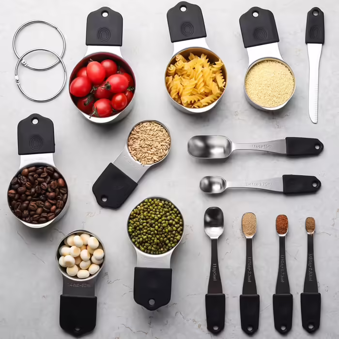 Magnetic Measuring Cups and Spoons Set Includes 7 Stainless Steel Measuring Cups, 6 Stackable Magnetic Measuring Spoons with 1 Leveler for Dry and Liquid Ingredients (Black)