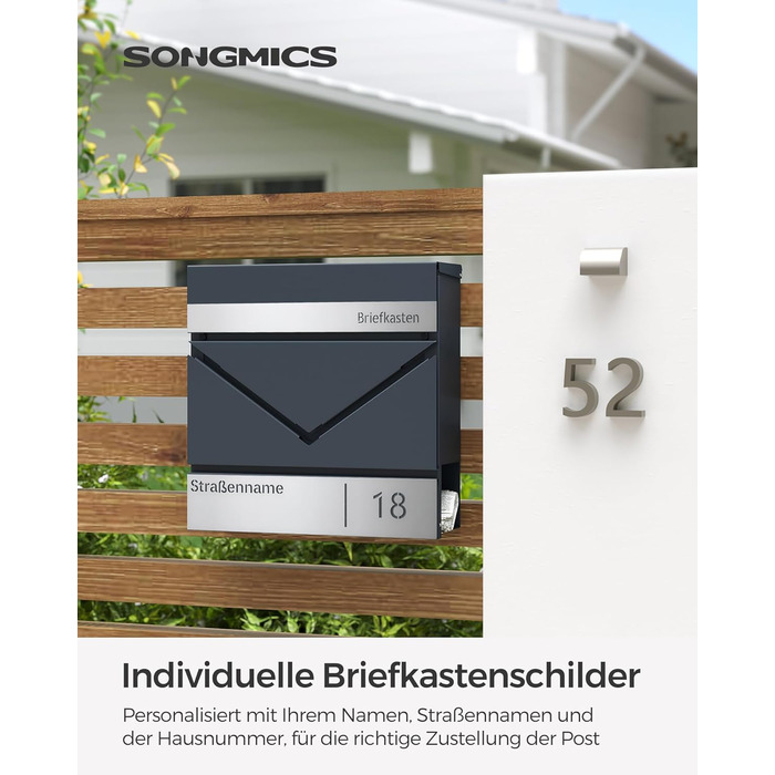 Поштовий ящик SONGMICS з лазерним гравіюванням, антрацит-срібний (GMB081G01) | Персоналізований, з відділенням для газет, V-подібним замком