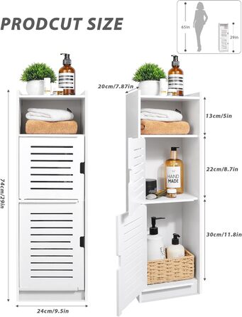 Aimu waterproof bathroom cabinets, bathroom storage units with open storage shelves, freestanding floor cabinets, corner organizers for bedroom, kitchen, hallway, white, 74x20x24 cm