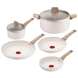 Набір посуду Tefal Cera Bright On 7 предметів: сковороди 20/24/28 см, каструля 16 см, каструля 24 см + кришки. Керамічне антипригарне покриття, алюмінієвий корпус (перероблений), індикатор нагріву Thermo Signal, для всіх типів плит, Бежево-сріблястий