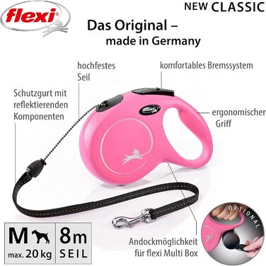 Поводок для собак Fexi Neon-Hundeeine з світловідбиваючим шнуром, ергономічний, без заплутування, 4,8 м, колір: неонові кольори/чорний (рожевий, середній)