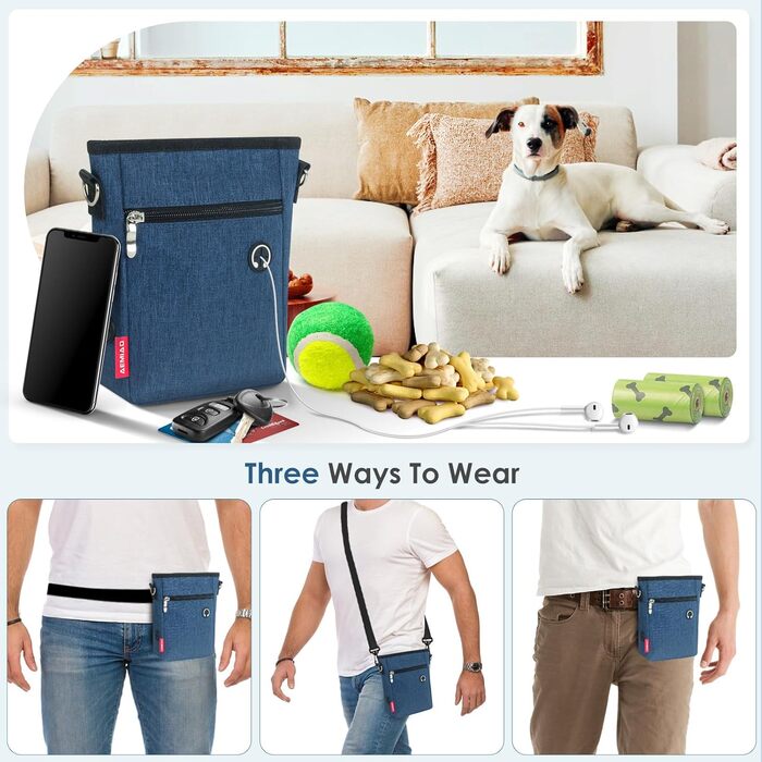 Фурнітура для собак з магнітною застібкою, 2025, практичний мішок для їжі, мішок для ласощів для собак з знімною внутрішньою кишенею | Диспенсер для відходів, блакитний