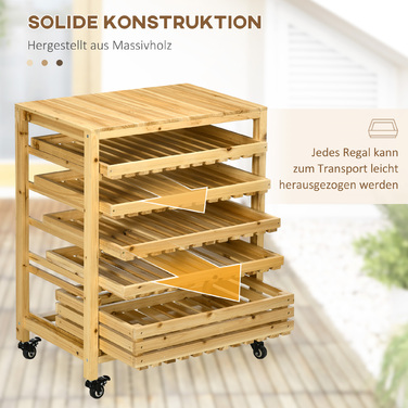 Outsunny Fruit and Vegetable Stand with Wheels, 5-Tier Vegetable Rack, Fruit Basket Stand for Vegetables up to 20 kg, Fir Wood, Natural