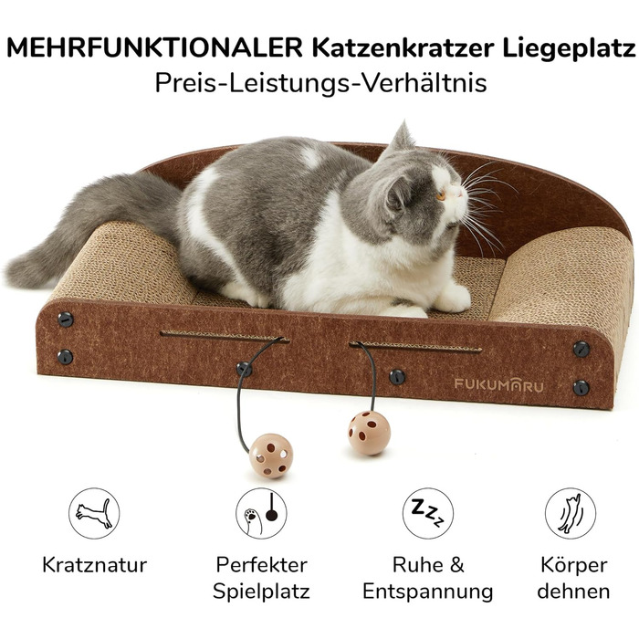 Cat Scratch Board, 66CM Durable Scratch Cardboard and Felt, Large Lounger, 2 Reversible Cat Scratch Pads for Cats, Recyclable Cardboard Cat Bed with Bell Ball Toy, Caramel Color (Medium Size)