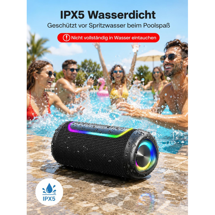 Портативна Bluetooth колонка UOHHBOE 30W, чорна: музика до 30 годин, RGB підсвічування, IPX5 водонепроникність