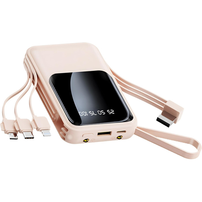 Портативний зарядний пристрій Powerbank 10000mAh з вбудованими кабелями (USB-C) для iPhone, Android, Google Pixel (Dark Pink)