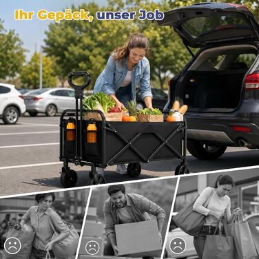 Візок вантажний складний 220L Heavy Duty для кемпінгу, саду, пляжу. Сталевий каркас, 600D Oxford PVC, регульована ручка, чорний