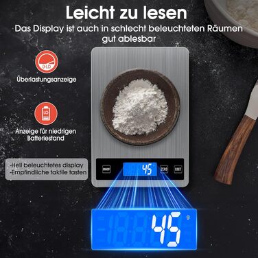 Кухонні ваги цифрові 15 кг, перезаряджувані, з LCD-дисплеєм та функцією тарування, водонепроникні, преміум-якість, чорний/білий