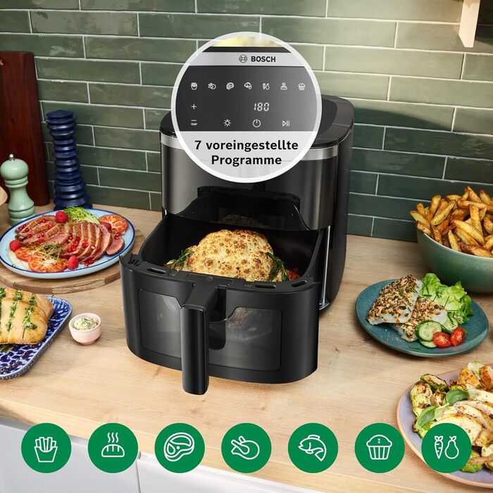 Bosch Serie 6 Hot Air Fryer XXL - 7.2L Capacity, 7 Pre-set Programs, Illuminated Window, Fast Cooking, Black
