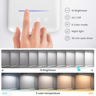 LED лампа настільна диммерна 560LM - офісна лампа з 5 режимами кольору та 10 рівнями яскравості, з нічним світлом, USB-портом, функцією пам'яті та таймером, 10W - білий (адаптер 24w - сріблястий)