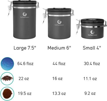 Контейнер для кави Coffee Gator з нержавіючої сталі, герметичний, з датою відкриття, клапаном CO2, мірною ложкою, для кавових зерен, меленої кави, горіхів, чаю, цукру, борошна, у подорожах, срібний, M/Mini