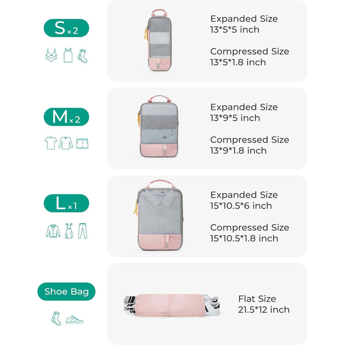 Набір органайзерів для одягу BAGSMART 6 шт. з мішком для білизни - набір кубиків для подорожей, рюкзака, валізи