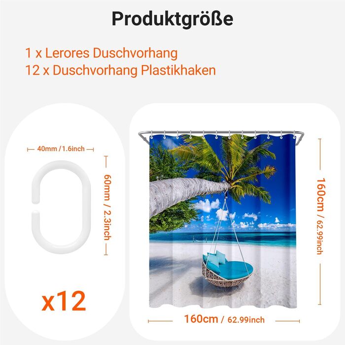 Штора для ванної кімнати 180x200 см, поліестер, антигрибкова, водовідштовхувальна, з кільцями (12 шт.) та утяжувачем